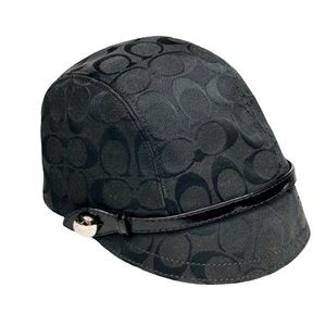 COACH Karee Newsboy Black Canvas/Patent Leather Accent Buckle Hat Silver  Button